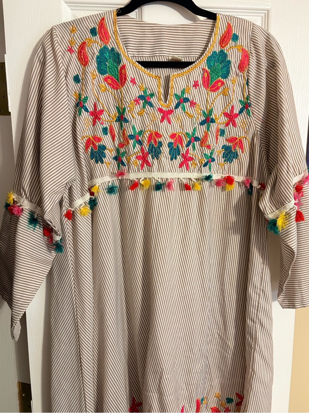 Striped Embroidered Boho Tunic with Colorful Floral Accents